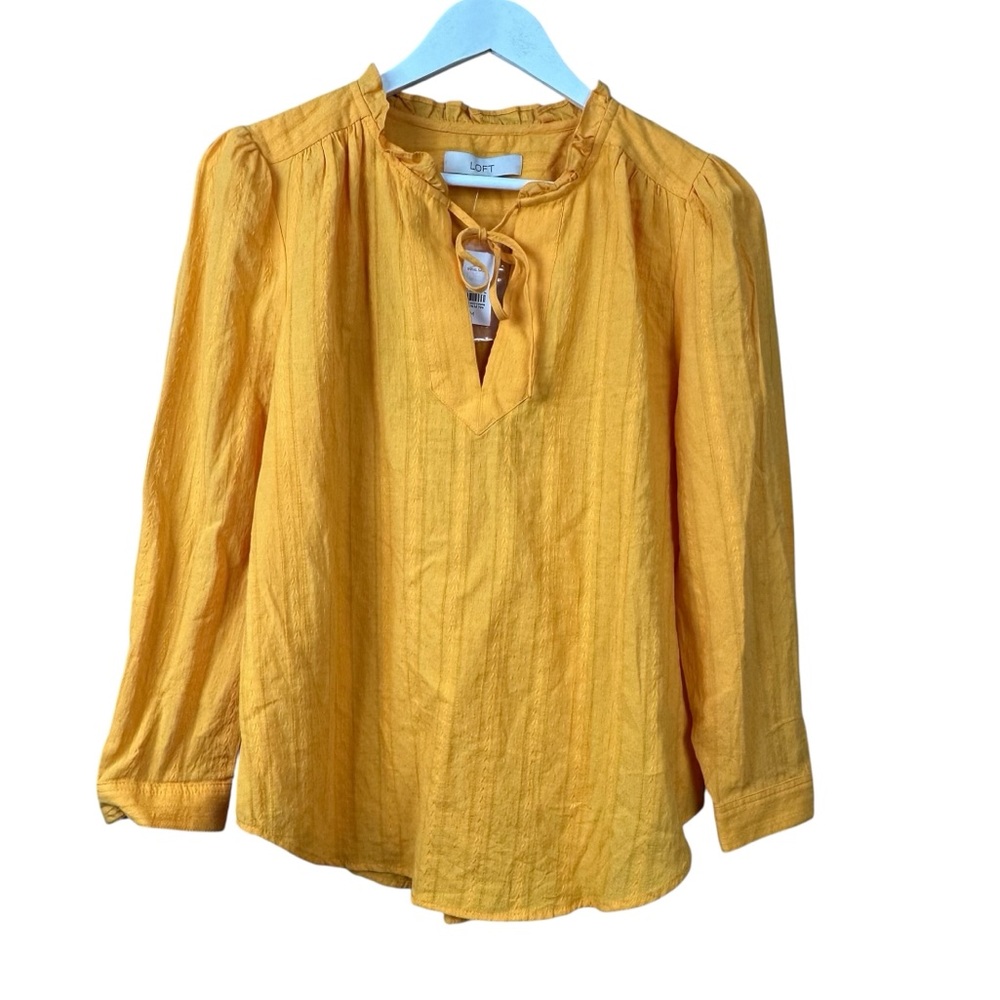LOFT Mustard Yellow Tie-Neck Long Sleeve Blouse